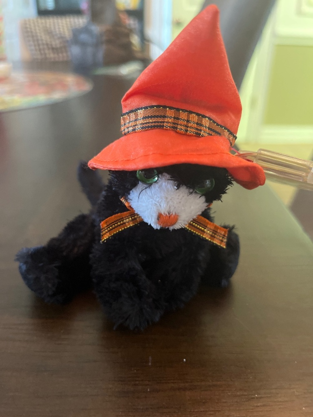 Scared black cat Beanie baby with orange hat